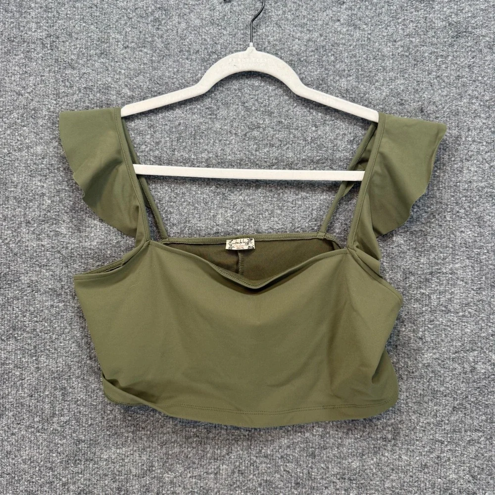 Free People‎ Crop Top Women Large Olive Green Ruffle Shoulder Square Neck Boho